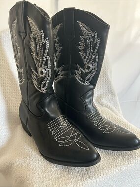 Black Kids Western Cowboy Boots with White Embroidery